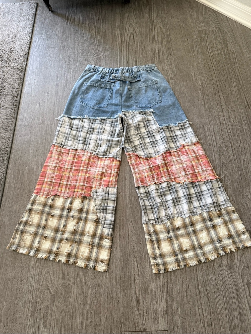 POL Light Blue Denim & Plaid Patchwork Pants NWOT - Picture 2 of 9